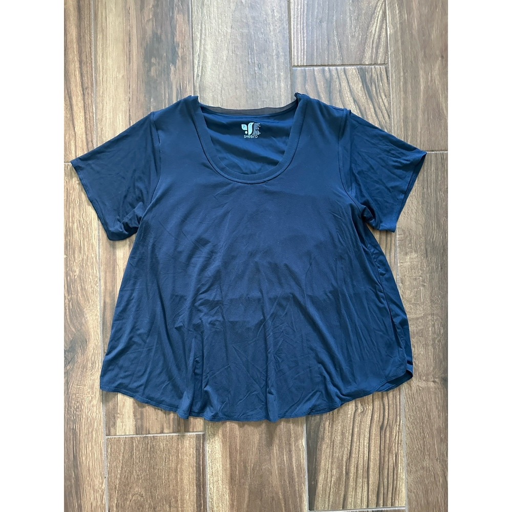 SHEBIRD‎ Navy Blue Mesh Neck Swing Top Womens Size 7 Modal Blend